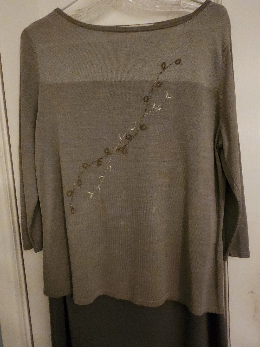 Norton McNaughton Taupe Boatneck Tunic with Diagonal Leaf Embroidery